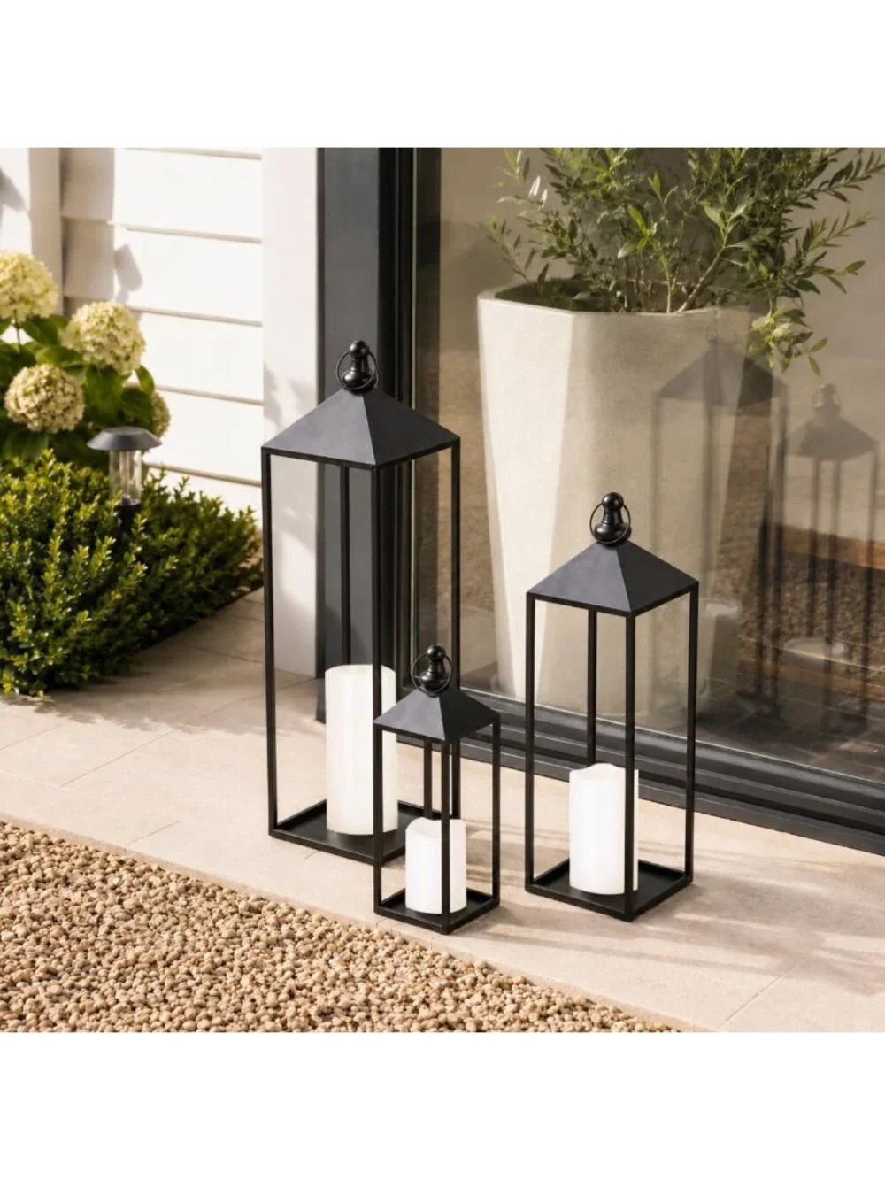 Set of 3 Large Black LED Lanterns with Flameless Candles for Indoor & Outdoor